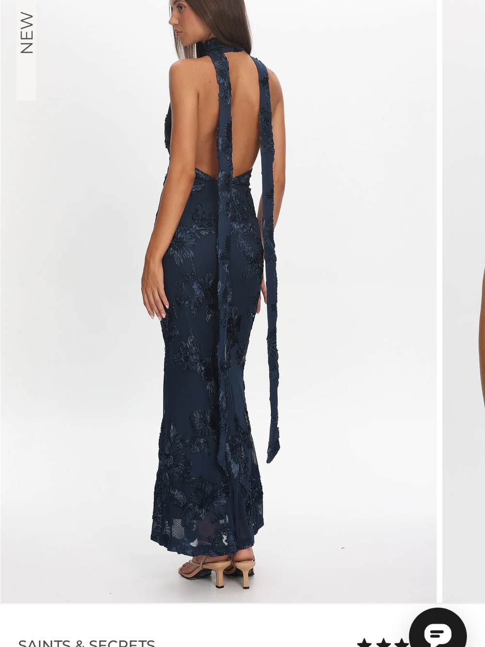 Selfie Leslie Navy Floral Backless Halter Gown